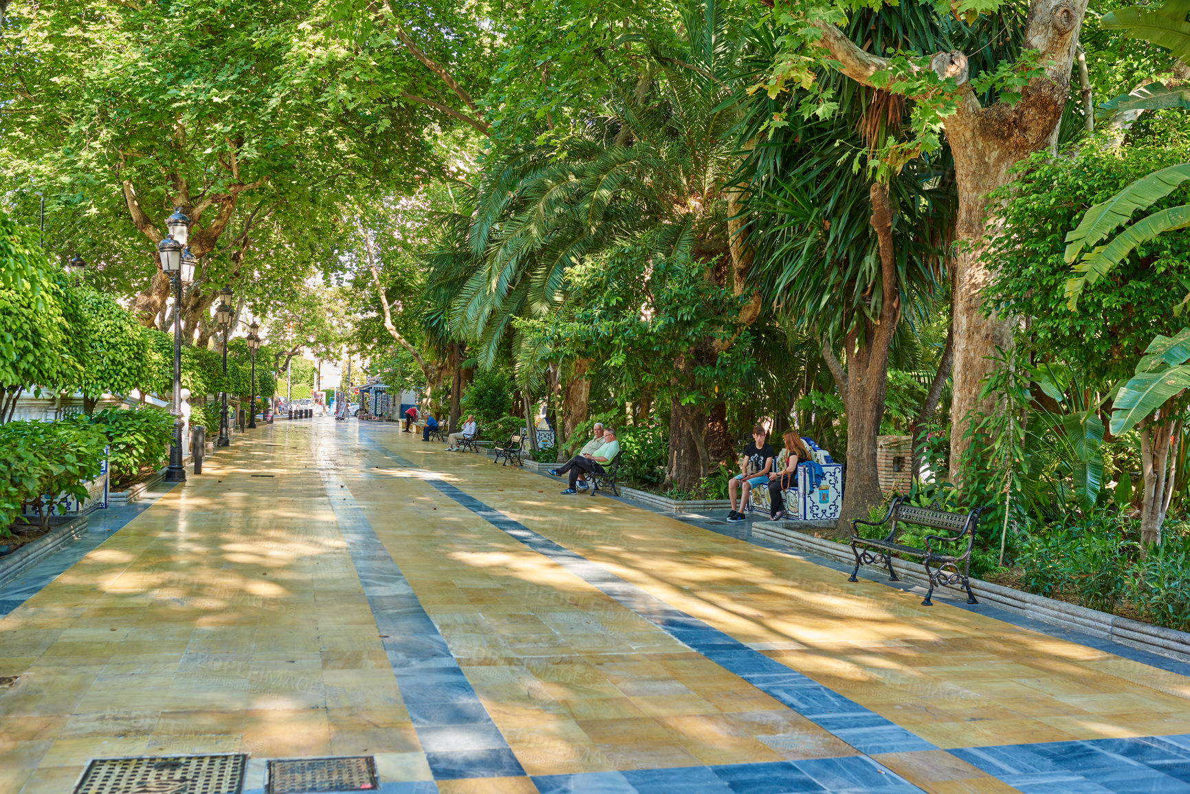 Buy stock photo Park, travel and walkway with tourist people at Parque de la Alameda in Marbella, Spain. Nature, trees and spring with brick lane road outdoor in conservation location for sightseeing or tourism