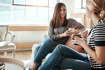 Buy stock photo Friends have coffee, women relax and talk, social get together with catch up chat and communication. Happy people, content and conversation, drink espresso with lifestyle and wellness in lounge