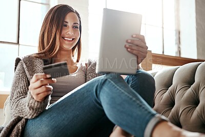 Buy stock photo Happiness, tablet and credit card, woman on sofa in living room and internet banking or fintech in home. Technology, online shopping payment and girl on couch surfing retail website or digital shop.