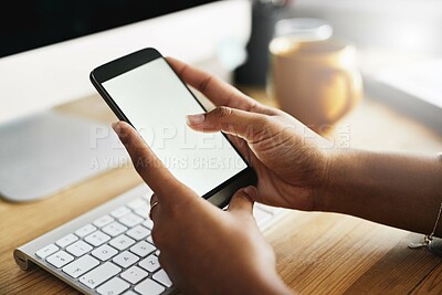 Buy stock photo Phone, hands and person with screen, computer and work from home with freelancer. Social media, app and notification at desk with online, closeup and technology with internet search and blank mockup