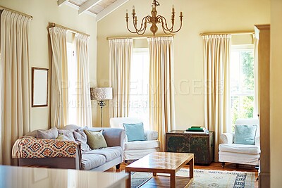 Buy stock photo Empty living room, home and interior with sofa, table or wood furniture on background. Lounge, couch or house with chandelier for decoration, rental real estate or curtains with windows for feng shui