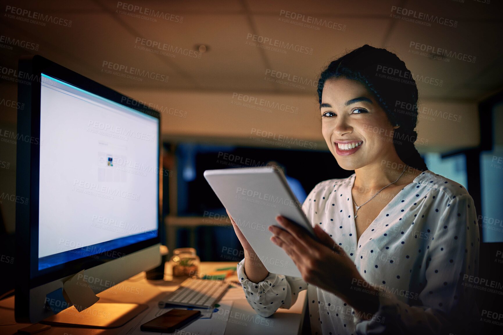 Buy stock photo Office, businesswoman and portrait at night with tablet, research or online information for solution. Working late, female person or web designer with computer screen for tech review, update or smile