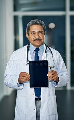 Buy stock photo Mature doctor, portrait and screen of tablet for hospital schedule, announcement or healthcare. Man, technology or mockup space for telehealth information on medical aid, prescription or test results