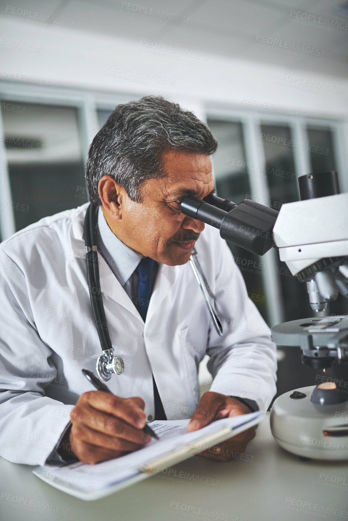 Buy stock photo Clipboard, microscope and science with man in laboratory for discovery, innovation or research. Medical, pharmaceuticals and writing with mature scientist at desk for analysis of dna or sample