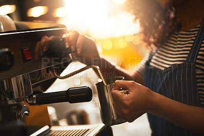 Buy stock photo Coffee shop, milk frother and woman with machine for latte beverage, bakery and small business. Entrepreneur, barista and cafeteria with person and drinks in cafe for restaurant, waitress and diner