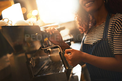 Buy stock photo Coffee shop, milk frother and barista with machine for latte beverage, bakery and small business. Entrepreneur, woman and cafeteria with person and drinks in cafe for restaurant, waitress and diner