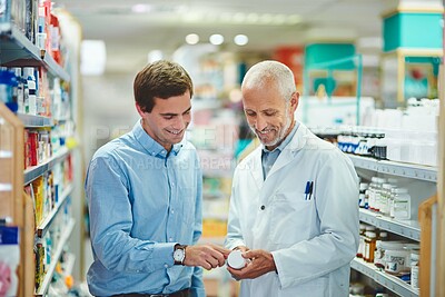 Buy stock photo Pharmacy, pills and clinic with people in store for medicine, advice and healthcare. Medical, insurance and antibiotic prescription with pharmacist consulting for help, drugstore and dispensary