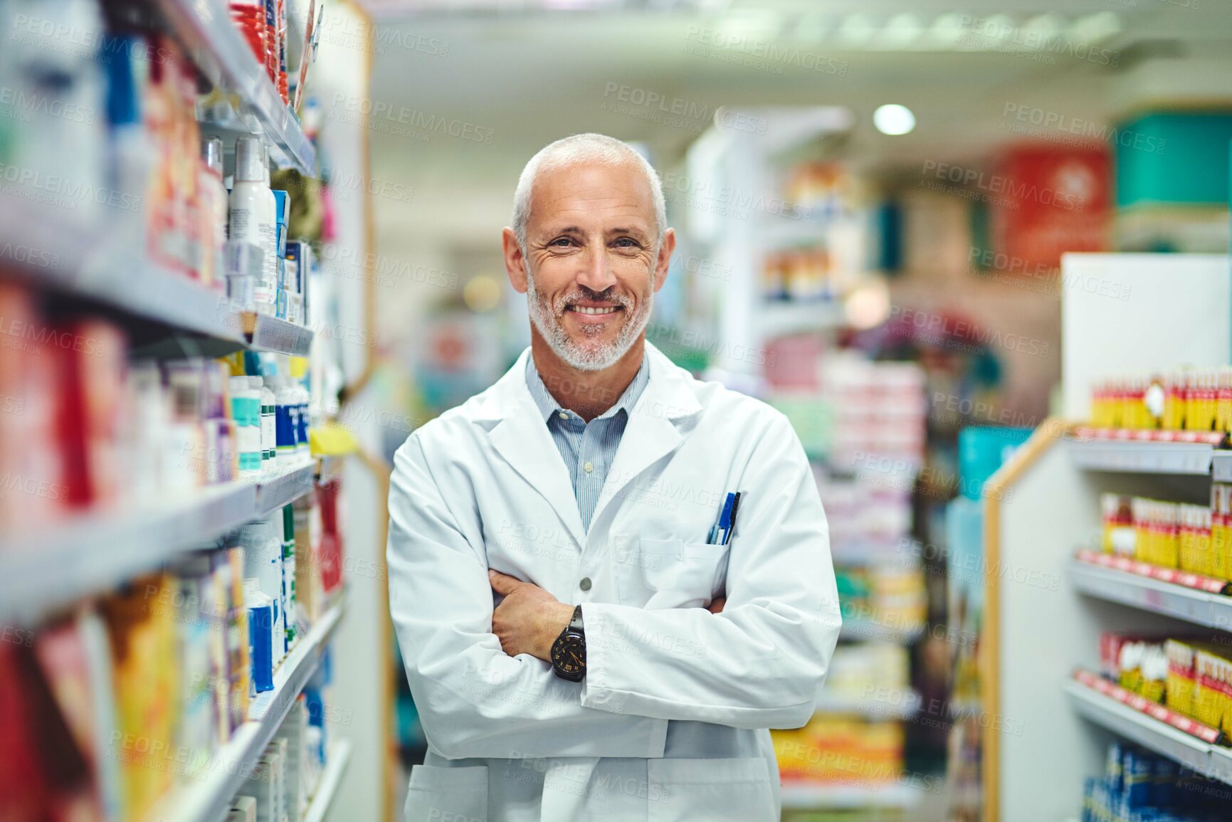 Buy stock photo Pharmacy, pills and portrait of mature man in store for medicine, advice and healthcare. Medical, insurance and antibiotic prescription with pharmacist in clinic for help, drugstore and dispensary