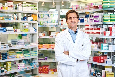 Buy stock photo Pharmacy, pills and arms crossed with portrait of man in store for medicine, advice and healthcare. Medical, insurance and antibiotic prescription with pharmacist for help, drugstore and dispensary
