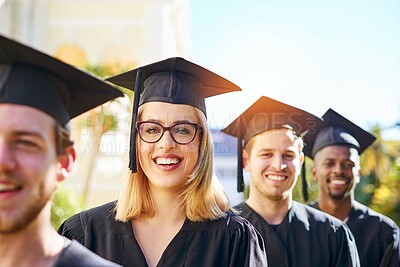 Buy stock photo Happy students, portrait or graduation with line for qualification or academic future at university. Young, group or graduates with smile in row for learning scholarship or higher education on campus