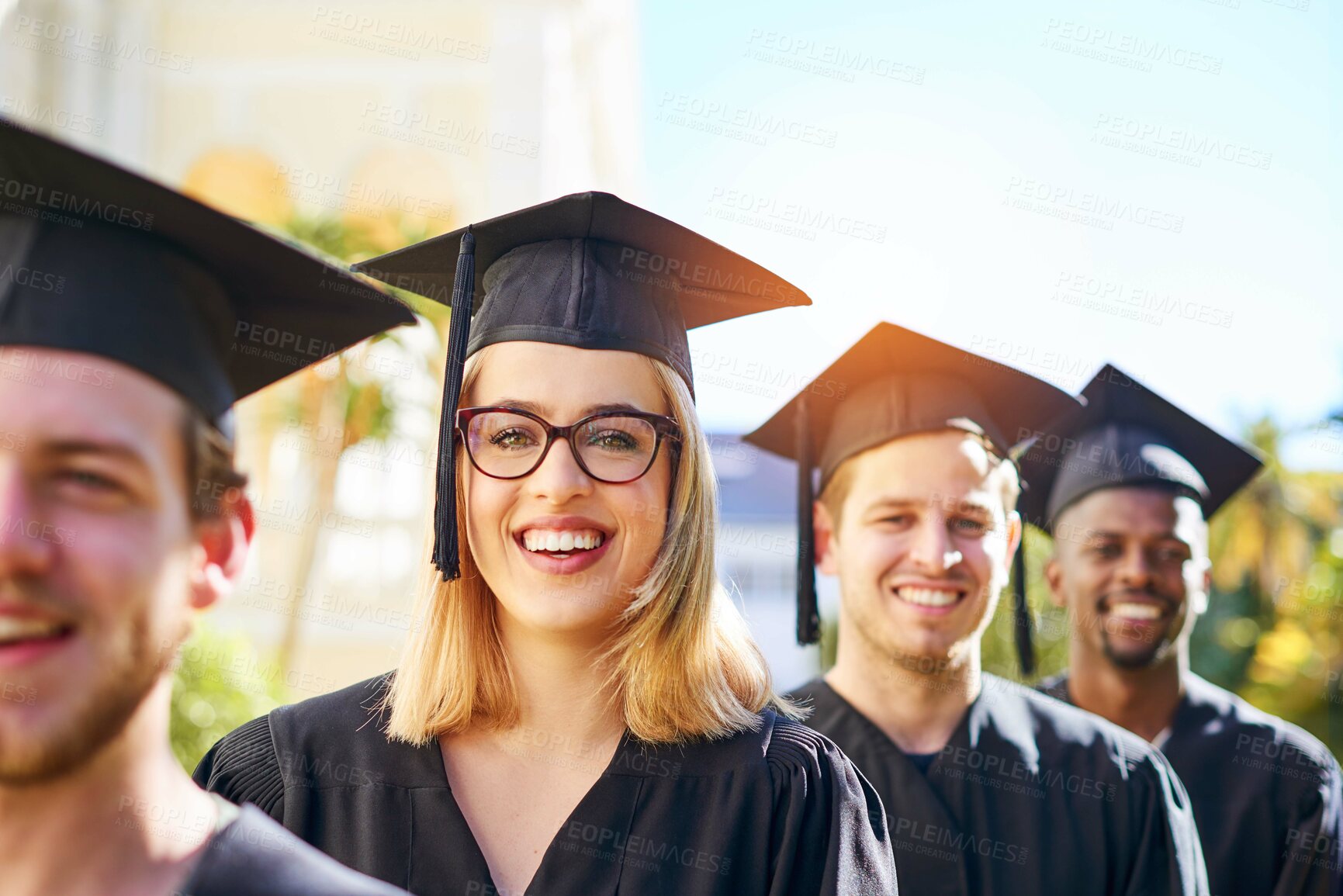 Buy stock photo Happy students, portrait or graduation with line for qualification or academic future at university. Young, group or graduates with smile in row for learning scholarship or higher education on campus