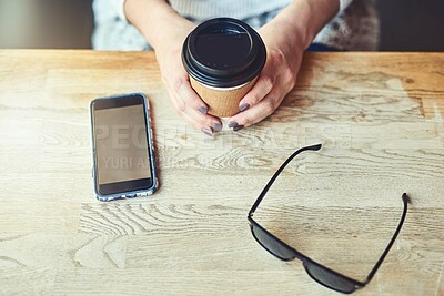 Buy stock photo Above, person and hands in cafe with coffee, sunglasses or phone screen for remote work. Woman, cup or mobile in restaurant for tasks, notes and drink in morning with planning and productivity agenda