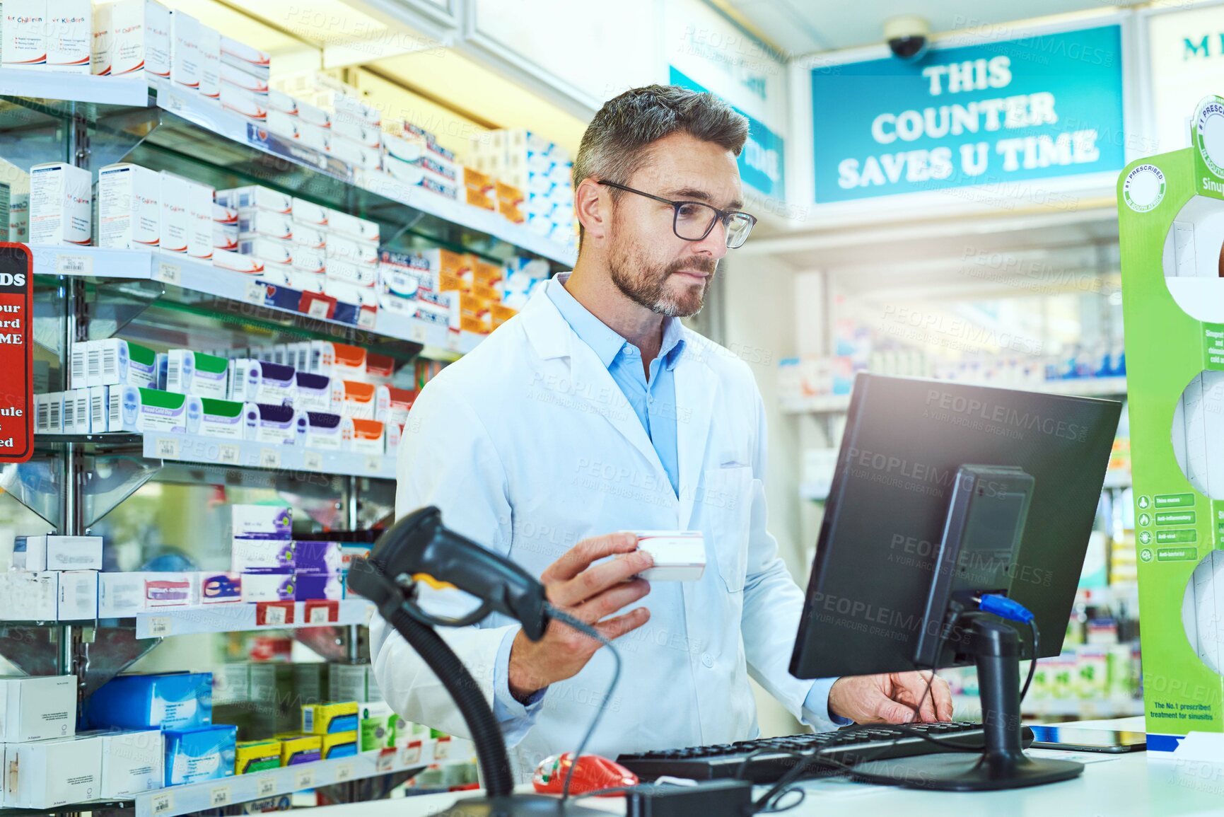 Buy stock photo Computer, medicine and man pharmacist in dispensary with search for pills prescription. Inventory, medical and male medication dispenser read health insurance information on technology in chemist.