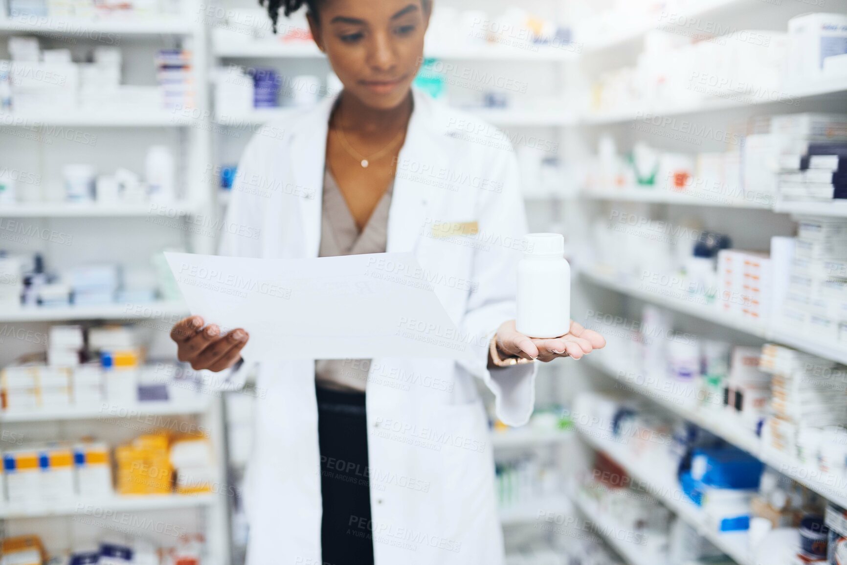 Buy stock photo Woman, pharmacy and drug bottle with paper, customer prescription and medical product or supplement. Healthcare, pharmaceutical retail and recommending cost effective generic, medication and employee