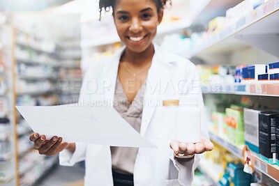 Buy stock photo Woman, pharmacist and bottle drug with paper, customer prescription and medical product or supplement. Healthcare, pharmaceutical retail and advise for generic, medication and happy or employee
