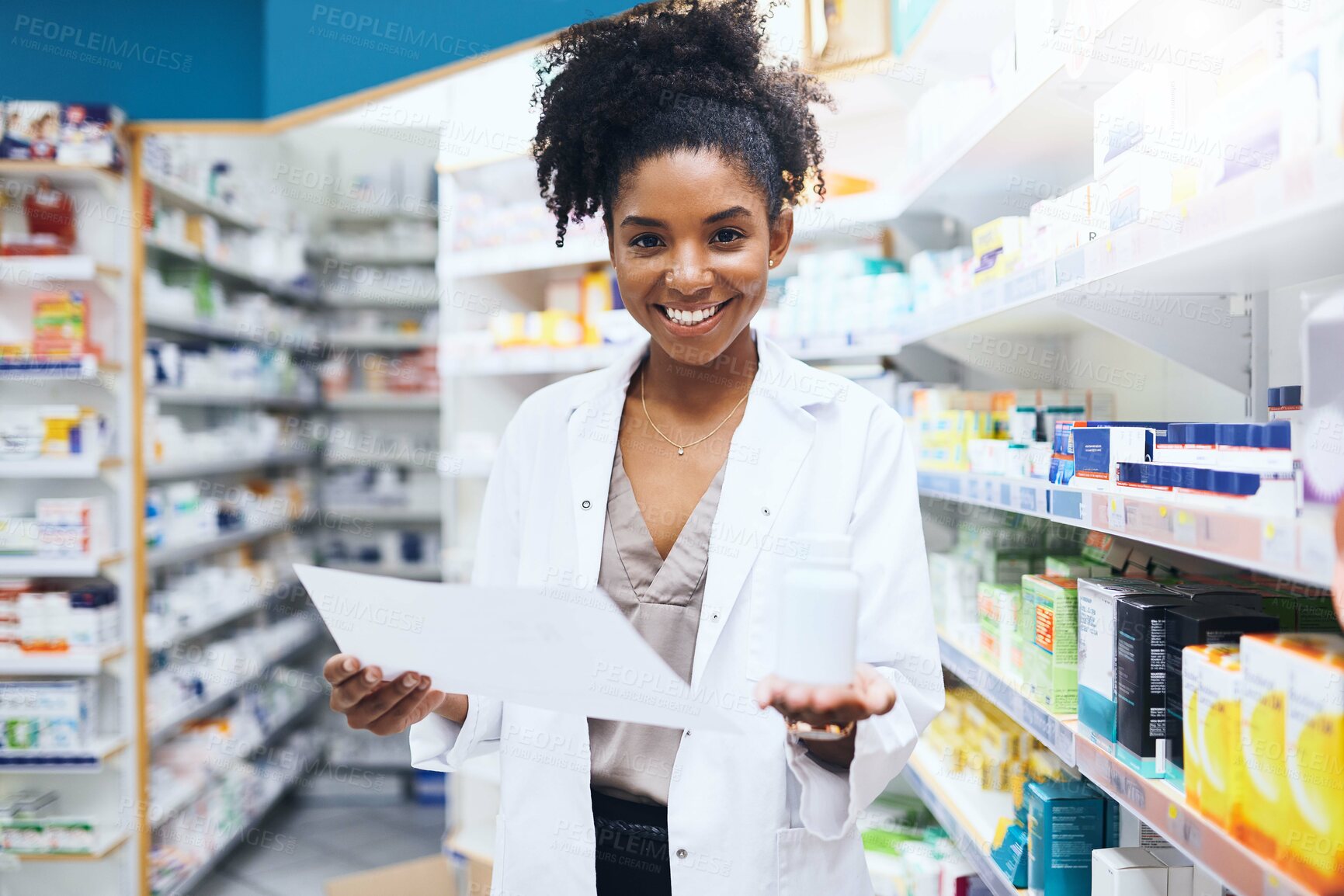 Buy stock photo Black woman, pharmacist and bottle portrait with paper, customer prescription and medical product or supplement. Healthcare, pharmacy retail and advise effective generic, medication and help
