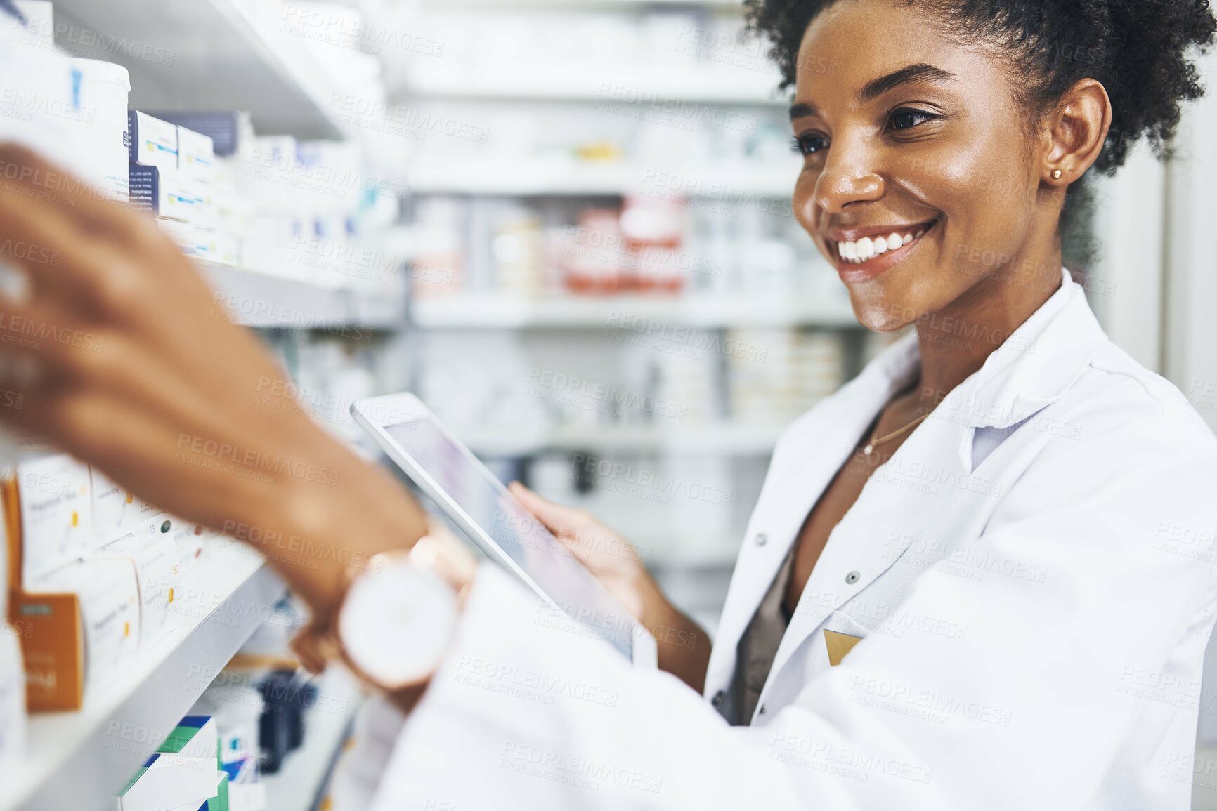 Buy stock photo Pharmacy, tablet and happy woman at shelf for stock, customer order and antibiotic check. Female pharmacist, technology or smile at inventory of medication, product information or online consultation