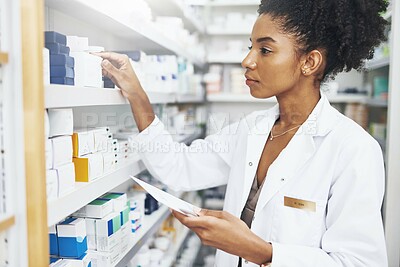 Buy stock photo Black woman, tablet and pharmacist at shelf to check medicine for stock take and product inventory. Tech, pharmacy and medical worker with drugs for online prescription, information and telehealth