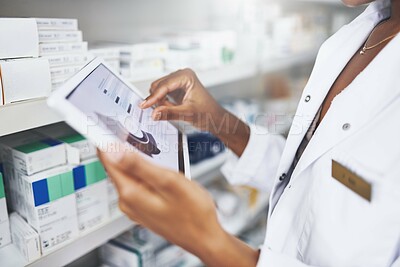 Buy stock photo Person, hands or tablet with screen in drug store for stock inspection, report for medicine inventory. Female pharmacist, pharmacy or mockup for digital record of health information or pills research