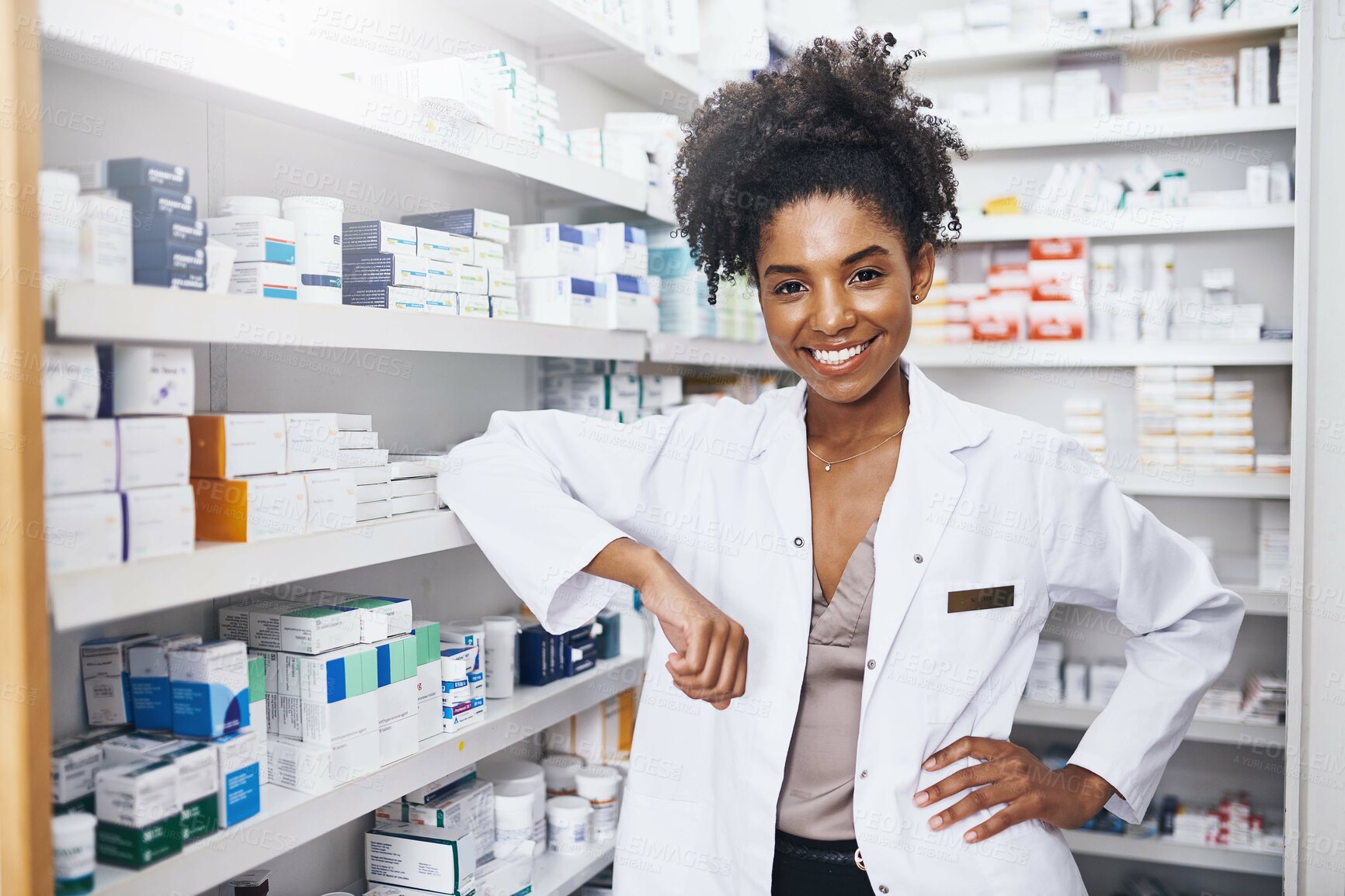 Buy stock photo Woman, pharmacist and smile portrait in drugstore, healthcare and medication advisor in pharmacy. Pharmaceutical, career and happy professional for wellness, proud and customer service with retailer