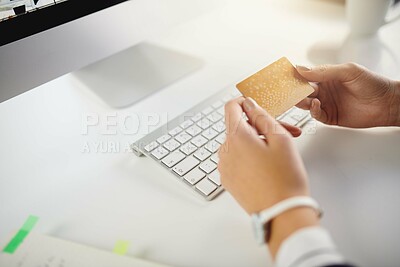 Buy stock photo Hands, credit card and computer in office for e commerce, choice and financial freedom at company. Person, fintech and bank with budget, cashless or online shopping with sale on pc at creative agency