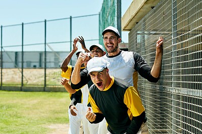 Buy stock photo Cheering, sports and baseball team at game on field with celebration for team winning, score or achievement. Happy, jumping and male athletes at stadium with energy for home run in outdoor match.