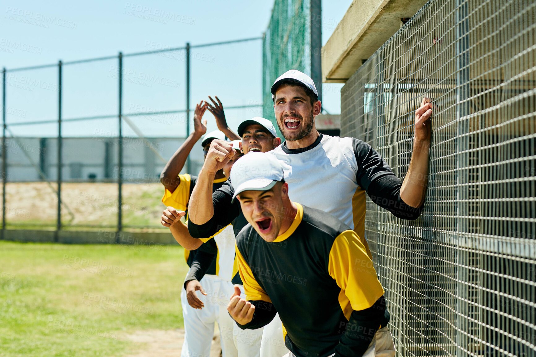 Buy stock photo Cheering, sports and baseball team at game on field with celebration for team winning, score or achievement. Happy, jumping and male athletes at stadium with energy for home run in outdoor match.