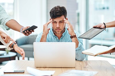 Buy stock photo Tired businessman, stress or overworked with laptop in anxiety, depression or multitasking at office. Frustrated man, overwhelmed or employee with headache, colleagues or hands for pressure or demand