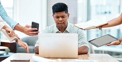 Buy stock photo Businessman, multitasking and technology for stress, mental health and frustrated at office. Male person, overwhelmed and burnout for time management, busy and deadline with anxiety in finance agency