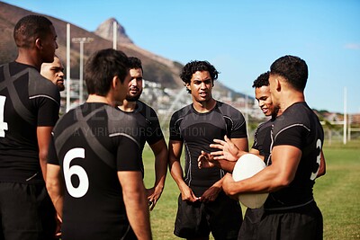 Buy stock photo Men, rugby and team planning outdoor for strategy, game tactics or training discussion. Sports, athlete and group in circle on field for competition, fitness or captain talk to players for motivation