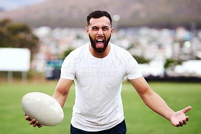 Buy stock photo Man, portrait and rugby ball with energy, exercise and fitness for games, outdoor and challenge. Male person, athlete and recreation facility in stadium for match, sports event and training in Wales