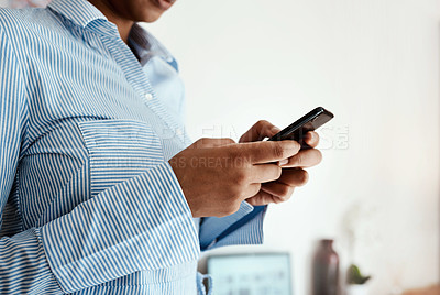 Buy stock photo Woman, hands and phone for typing message in office, networking employee and online for news. Female person, professional and journalist for article research, publishing agency and communication