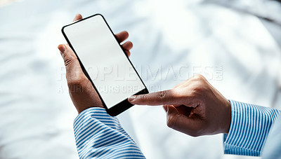 Buy stock photo Hands, business and woman with smartphone, typing and mockup space with connection. Person, accountant and financial advisor with cellphone, network and internet with social media and communication