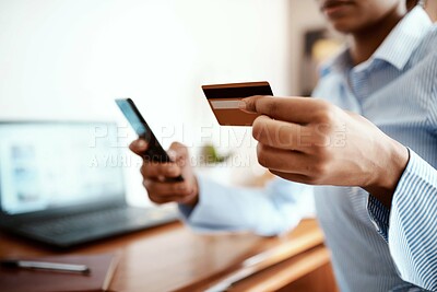 Buy stock photo Credit card, phone and hands of business woman for online shopping, internet purchase and payment. Ecommerce, fintech and person on smartphone for website, stock investment and banking in office