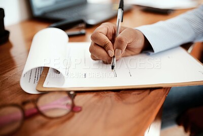 Buy stock photo Sign, clipboard and hands of business person in office with documents for review, legal contract and b2b agreement. Corporate, law firm and worker with signature on paperwork for company policy