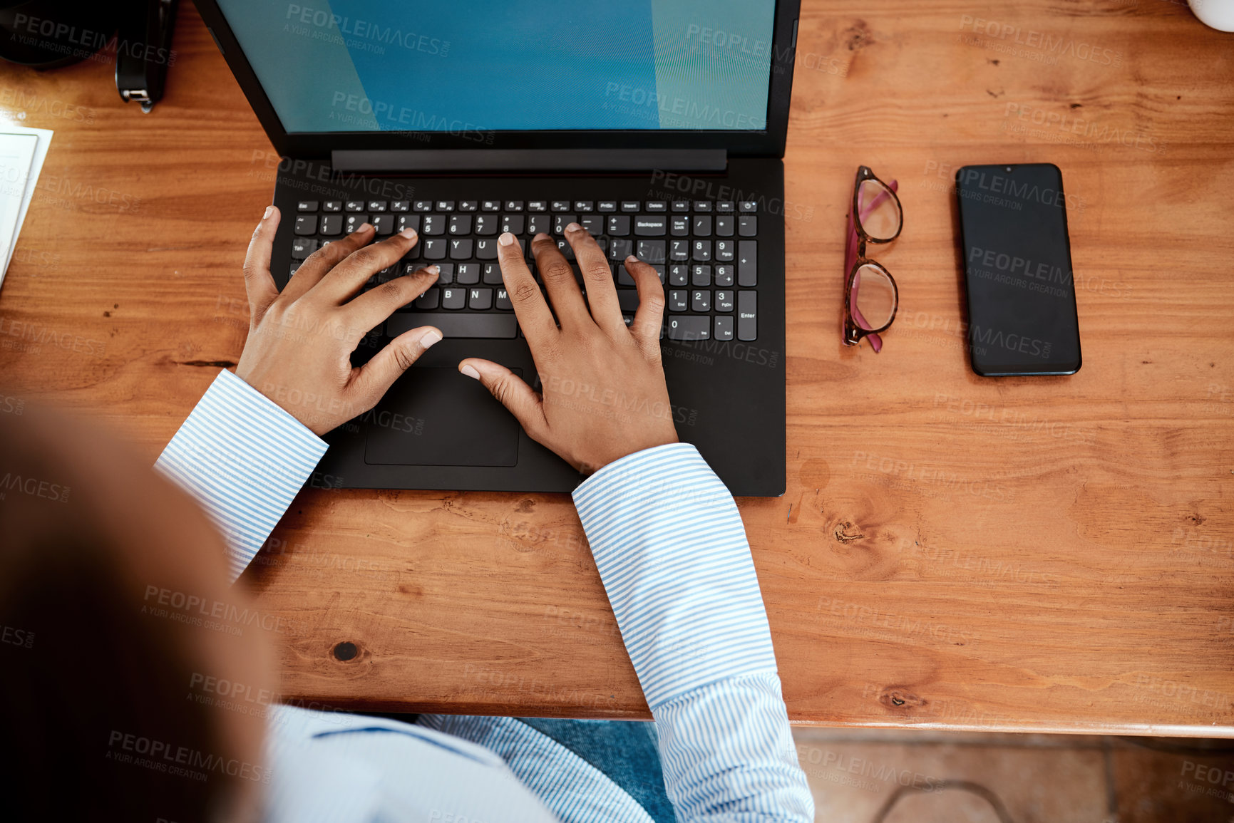 Buy stock photo Above, hands and laptop with typing as accountant for audit, accounting and finance agency. Person, bookkeeping and space on technology for taxes, loan or payroll in small business or office for debt