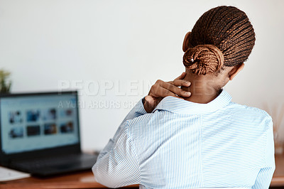 Buy stock photo Business, woman and laptop with neck pain in office for burnout, overworked and uncomfortable strain. Back, professional employee and body ache with muscle tension, poor posture and corporate stress