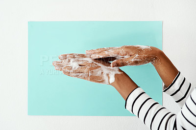 Buy stock photo Studio background, foam and washing hands for hygiene, health or wellness for virus, infection and prevention. Person, cleaning and routine with water, soap and self care for bacteria, germs and dirt