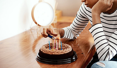 Buy stock photo Candles, cake and hands of woman in home for birthday celebration alone with loneliness. Sparkles, lighter and female person with chocolate dessert for special event with depression at apartment.