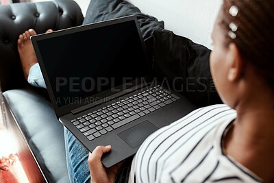 Buy stock photo Woman, home and laptop screen on couch with blog post, remote work and freelance writing. Sofa, mockup space and female person on website as journalist for research, news and article publication