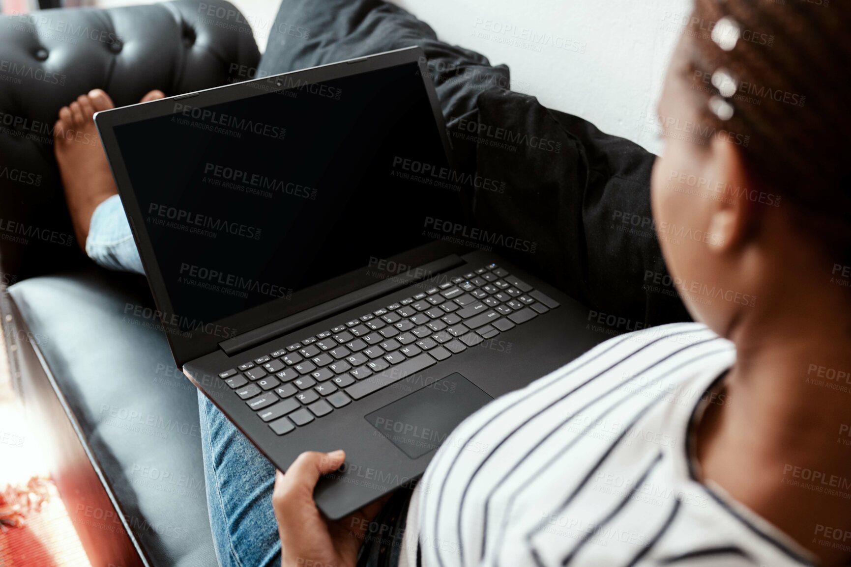 Buy stock photo Woman, home and laptop screen on couch with blog post, remote work and freelance writing. Sofa, mockup space and female person on website as journalist for research, news and article publication