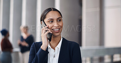 Buy stock photo Phone call, lawyer and woman in city for conversation. legal consulting or advice. Contact, speaking and latino person with mobile for discussion, information or confirm meeting in urban town