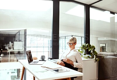 Buy stock photo Office, pregnant woman and smile with touch for stomach, belly growth and development for future mother. Corporate, female person and accountant with pregnancy in workplace, feeling abdomen or career