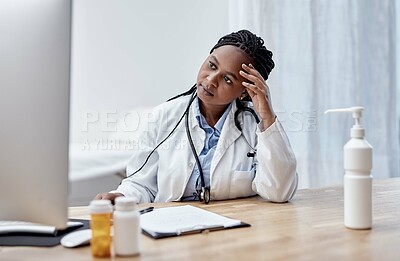 Buy stock photo Anxiety, computer and headache with doctor black woman at desk in office of hospital for problem solving. Burnout, challenge and stress with medicine professional in clinic for healthcare or medical