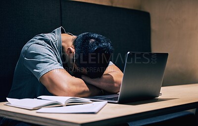 Buy stock photo Remote work, burnout and businessman sleep at cafe with laptop, book or 404 anxiety, glitch or connection fail. Night, restaurant and freelance writer with deadline anxiety, fatigue or article stress