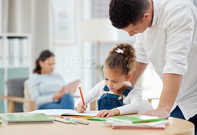 Buy stock photo Man, girl and writing in home for education, support and helping with homework. Father, child and encourage in living room for learning, creativity and language development with advice for assessment