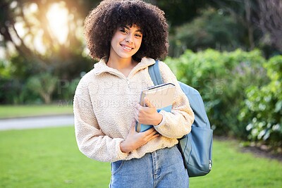 Buy stock photo Happy, girl and park with books, portrait and outdoor or student, smile and backpack. Nature, study and education for learning, campus and notebook with bag, excited and university in United states