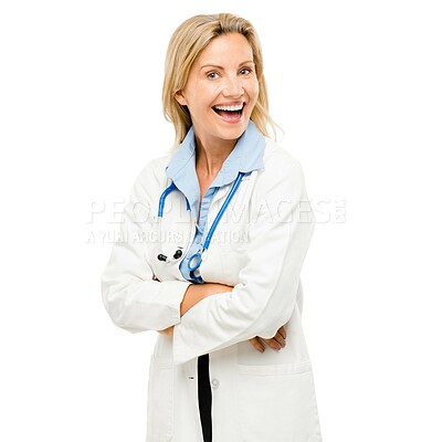 Buy stock photo Woman, doctor and arms crossed in studio portrait, smile and excited for career by white background. Mature person, medic and happy for job with pride, wellness and services for healthcare at clinic