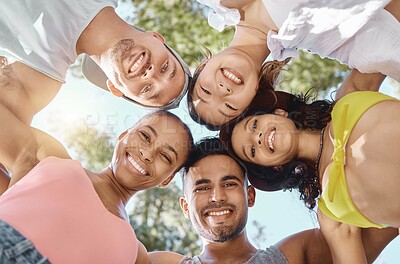 Buy stock photo Diversity, group huddle for teamwork and happy together outside with a lens flare. Portrait or support, community or motivation and face of friends smile for summer holiday or vacation outdoors