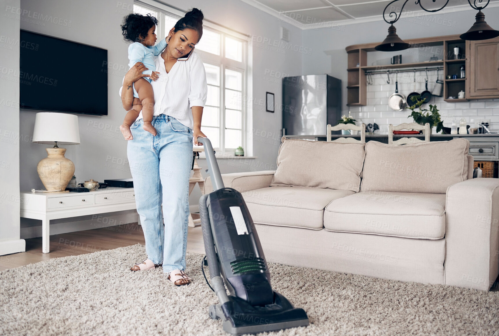 Buy stock photo Phone call, baby and multitasking mom in home with carpet cleaning, housekeeping or responsibility. Woman, child or talking to contact with vacuum for household maintenance, hygiene and communication